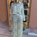 European and american cross-border women's fashion  summer new arrival: stylish turn-down collar printed long-sleeve cropped shirt and pleated pants set