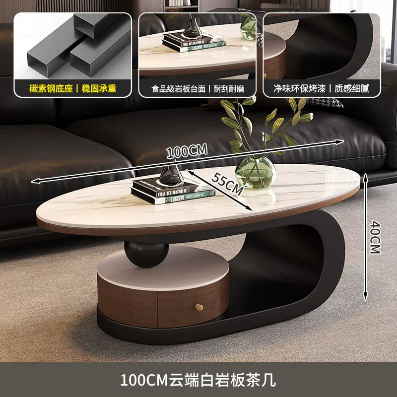 Wabi-sabi style coffee table, oval rock slab combination, small apartment home living room, retro high-end storage design tea table