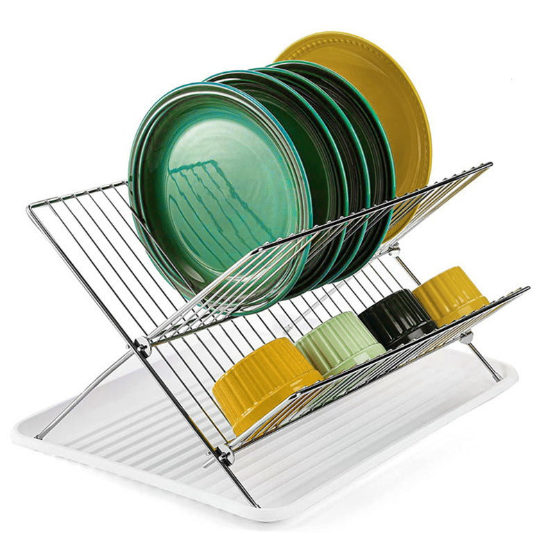 X-type folding dish rack household double drain rack kitchen countertop rack simple dish storage bowl rack
