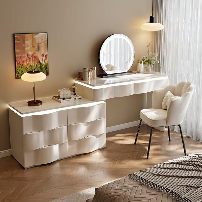 2025 new luxury solid wood vanity table - minimalist bedroom makeup desk with integrated chest of drawers, small storage cabinet, and makeup mirror
