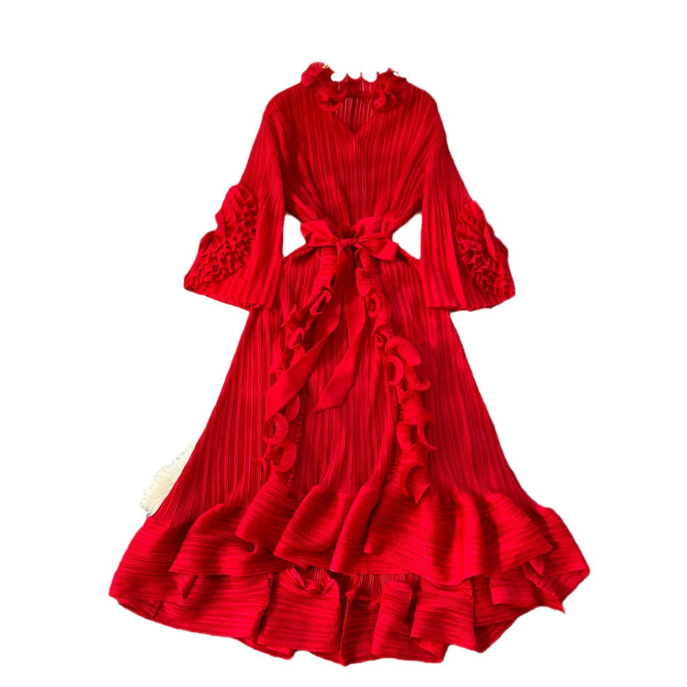 Miya european and american style dress - women's spring collection - high-end, 3d floral design, tie-waist, ruffle hem, pleated maxi dress