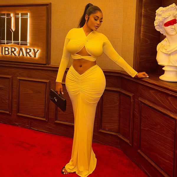European and American style ins  personality solid color pleated hollow skirt set open navel slim long sleeve V neck two-piece set women's clothing