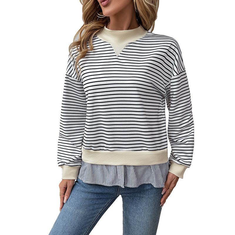 European and American  2025 new  versatile casual dating commuter semi-turtleneck loose striped fake two-piece sweater
