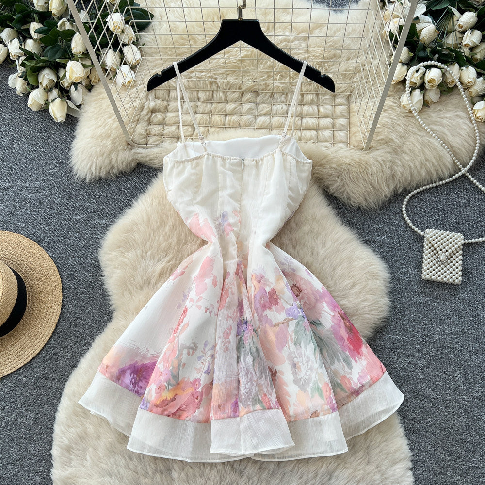 French vacation style sleeveless suspender floral dress female summer k-style high waistslimming look gentle sweetelegant short skirt