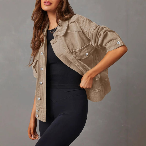 European and American autumn and winter fashion short button tooling denim jacket jacket long sleeve hoodless denim jacket women's