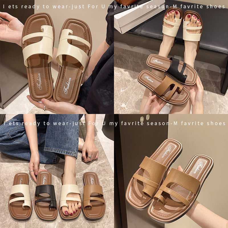 2025 new summer thong sandals women's korean style retro minimalist one-strap roman sandals fashionable outdoor slides