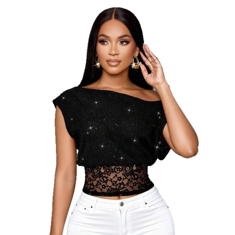 Women's elegant see-through lace black t-shirt with lace trim, asymmetrical neckline, and relaxed fit - fashionable and casual