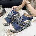 Plus size wedge heel denim peep-toe sandals -  new fashion, comfortable, versatile, rhinestone high heels for export