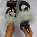 Toe-toe sandals for women 2024summernew arrival round toe real hair butterfly wedge sandals outwear rhinestone plaid flip-flops