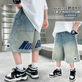 Boys' summer denim shorts - lightweight, loose-fit, mid-length shorts for kids - stylish letter print for older boys