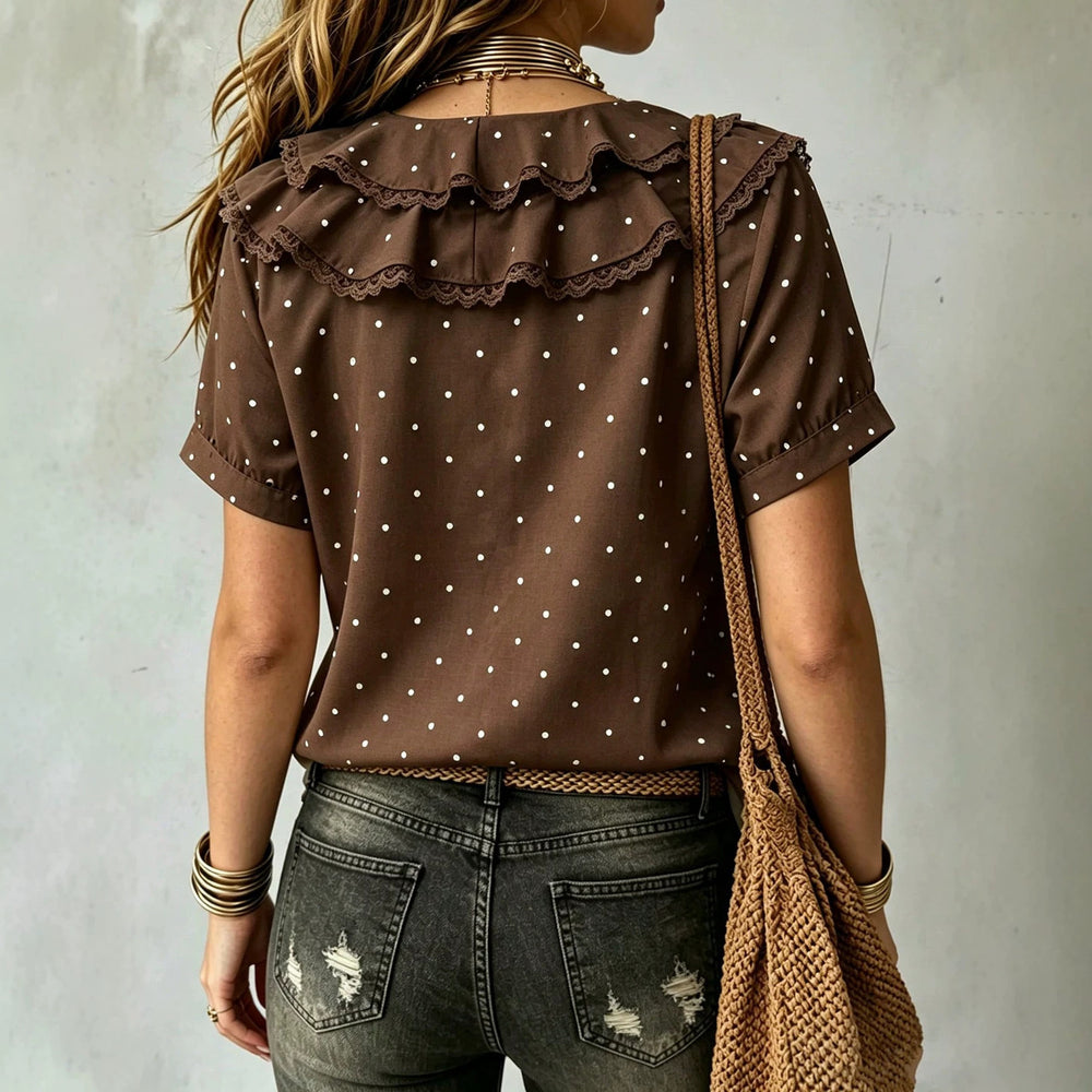 European and american style country polka dot blouse - v-neck, double-layer ruffle lace trim, tie-waist, loose fit, short sleeve top