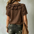 European and american style country polka dot blouse - v-neck, double-layer ruffle lace trim, tie-waist, loose fit, short sleeve top