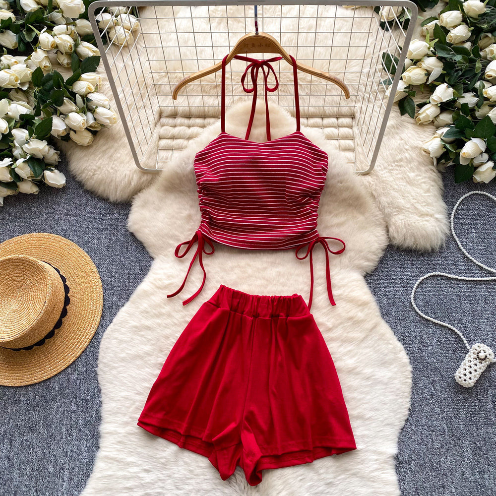 Halter stripes camisole high waistslimming look shortstwo-piece set women's summer silm tube top culottessuit