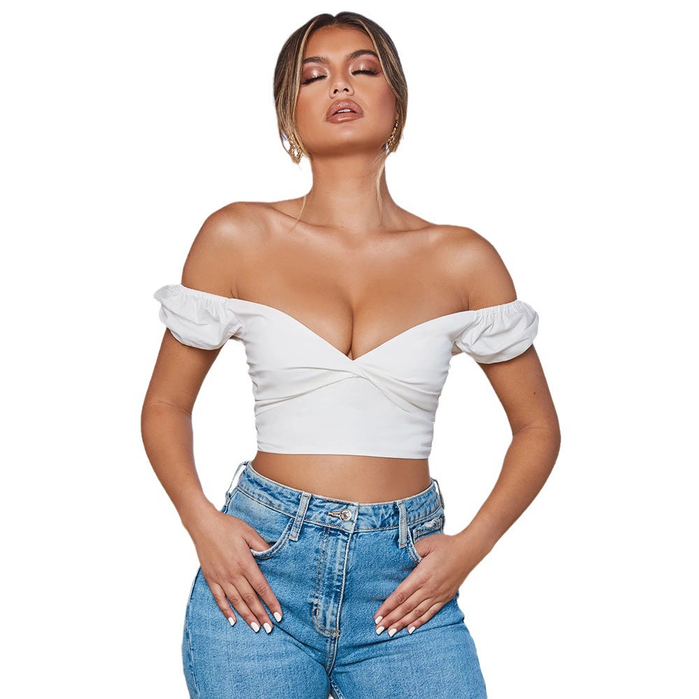 2025 fashion new arrival cross-border ebay independent station women's pure colorv neck chest-wrapped silm navel-baring t-shirt in stock short sleeves