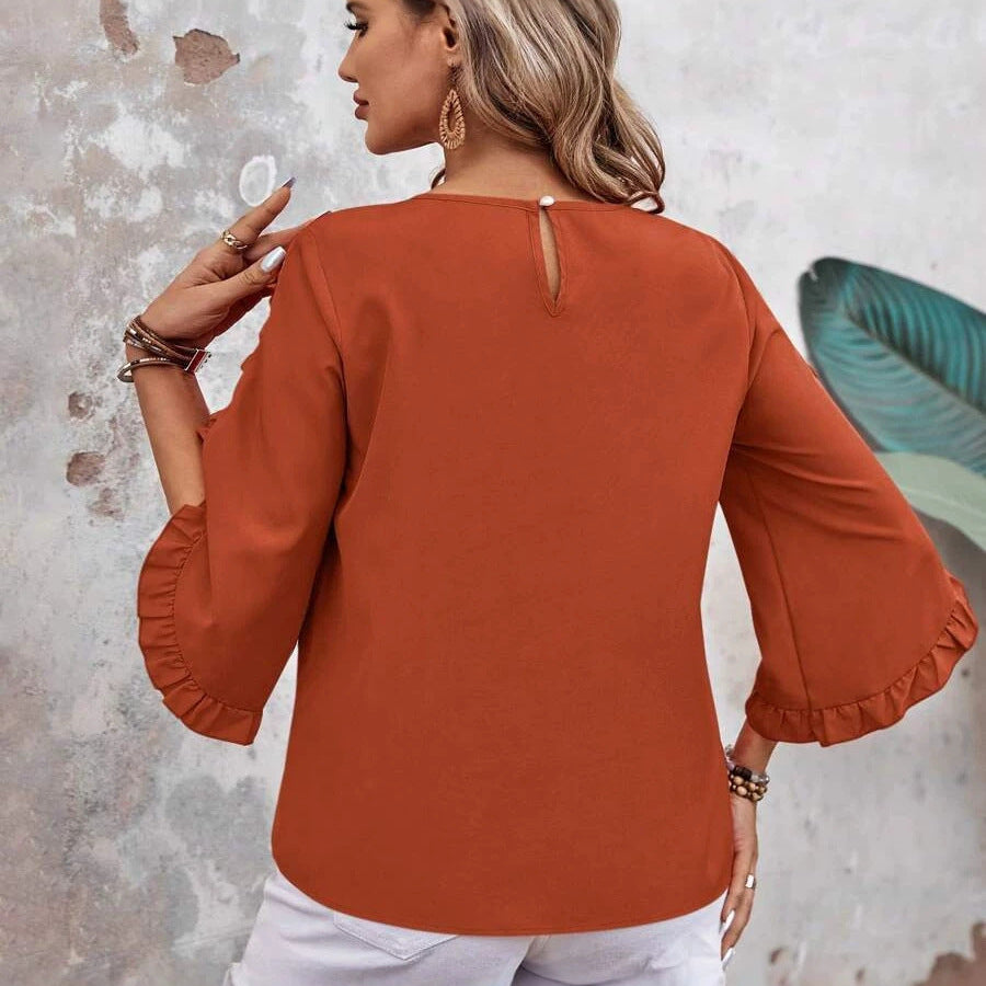 Fashion cross-border women's clothing new arrival round neck lace asymmetrical three-quarter sleeve topspure color round neck loose