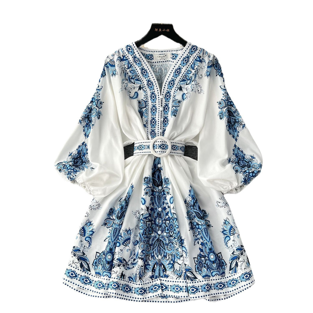 European and american retro court style high-end printed v-neck lantern sleeve cinched waist slimming elegant single-breasted socialite dress