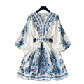 European and american retro court style high-end printed v-neck lantern sleeve cinched waist slimming elegant single-breasted socialite dress