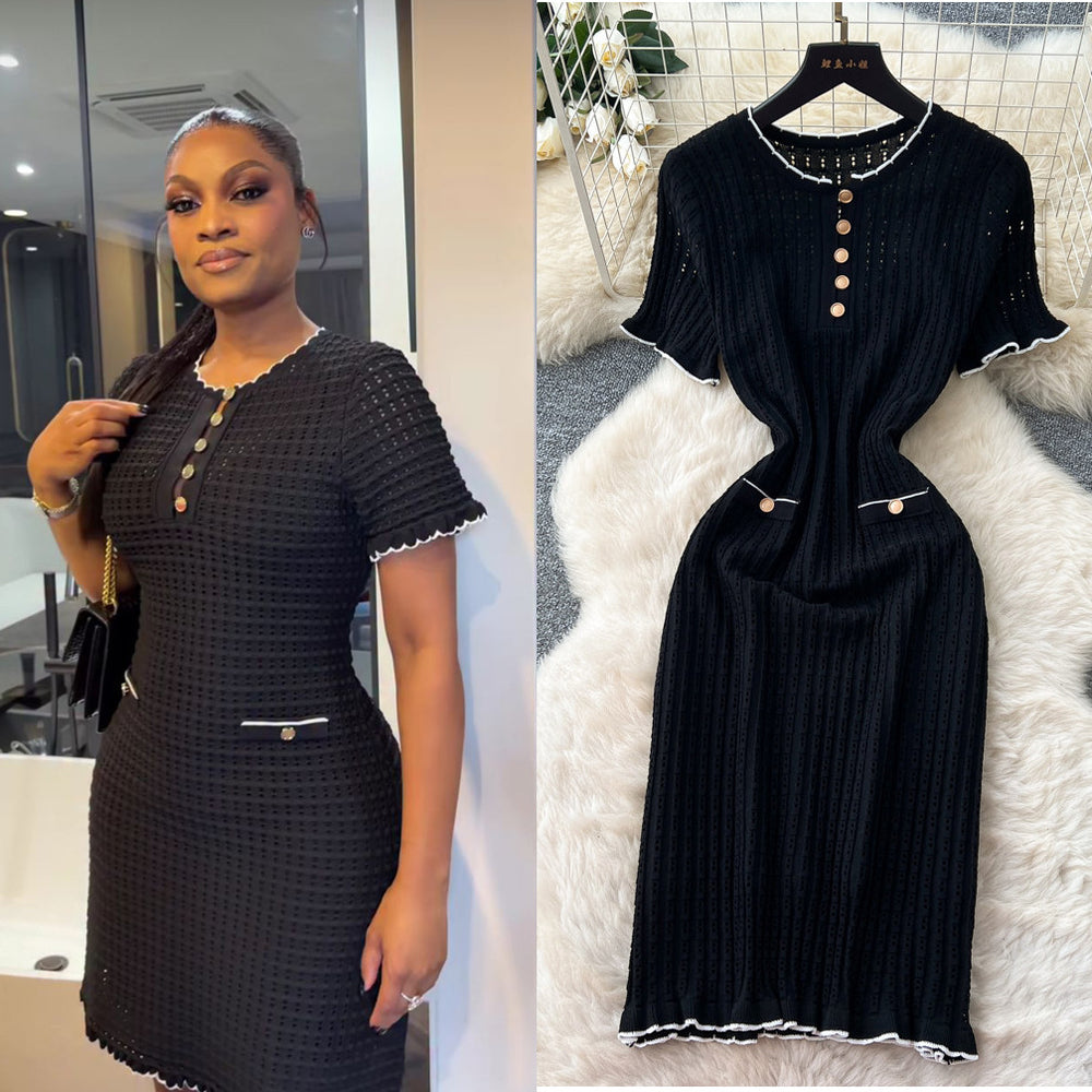 French chic hollow-out knit elegant dress - women's summer ruffle-trimmed black short-sleeve a-line dress - slimming fit