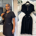 French chic hollow-out knit elegant dress - women's summer ruffle-trimmed black short-sleeve a-line dress - slimming fit