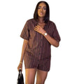 European and american style women's  autumn new collection: sweet and fresh striped turn-down collar short-sleeve shirt and high-waisted shorts two-piece set