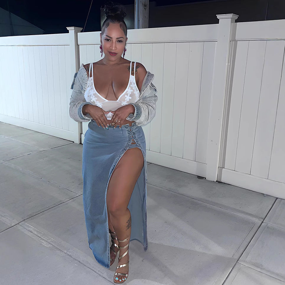 European and american style denim skirt  women's fashion hot girl eyelet tie closure slit long skirt