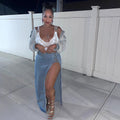 European and american style denim skirt  women's fashion hot girl eyelet tie closure slit long skirt