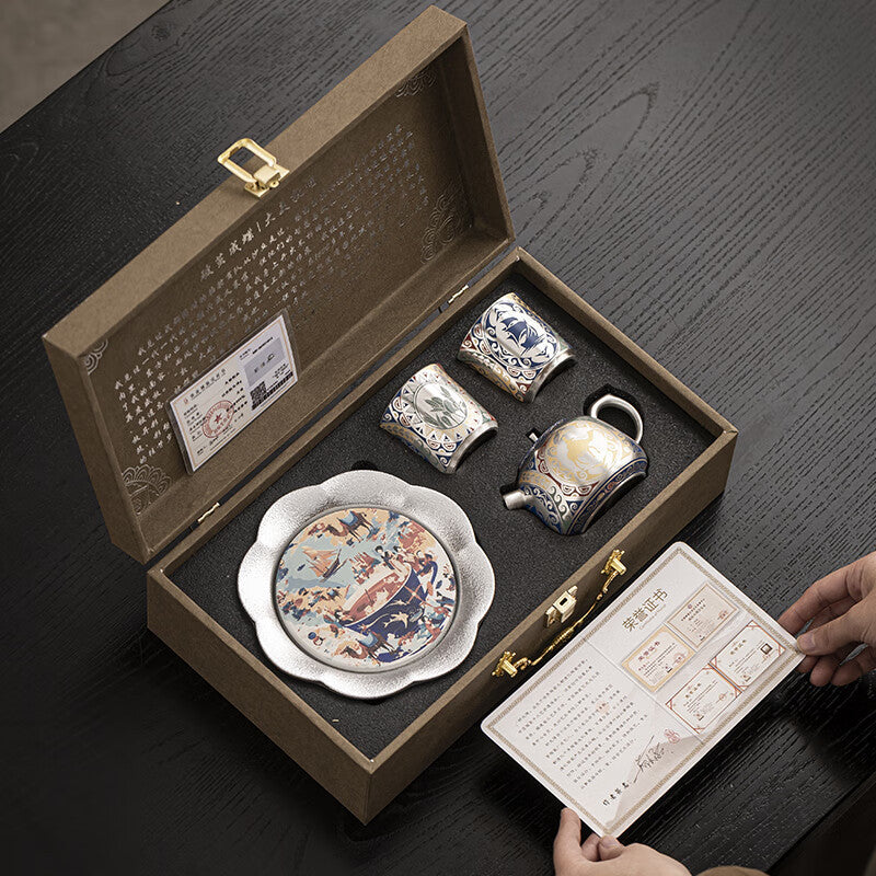Dunhuang gilt silver tea set suit souvenir portable kung fu tea set gift box one pot two cups with pot gift gift