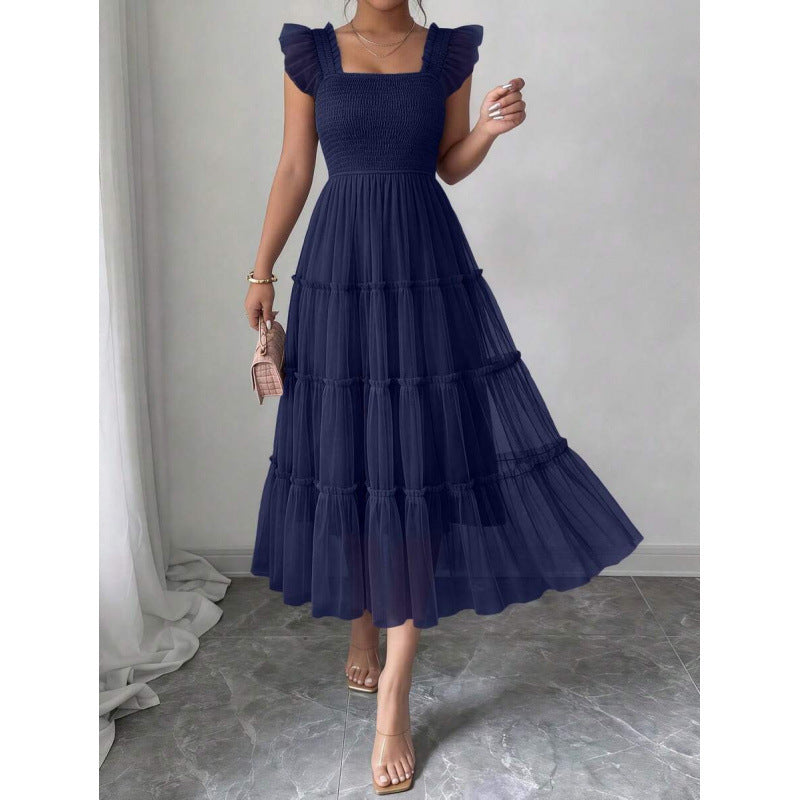 fashion  summer new arrival flying sleeve ruched ruffles vacation elegant mesh dress