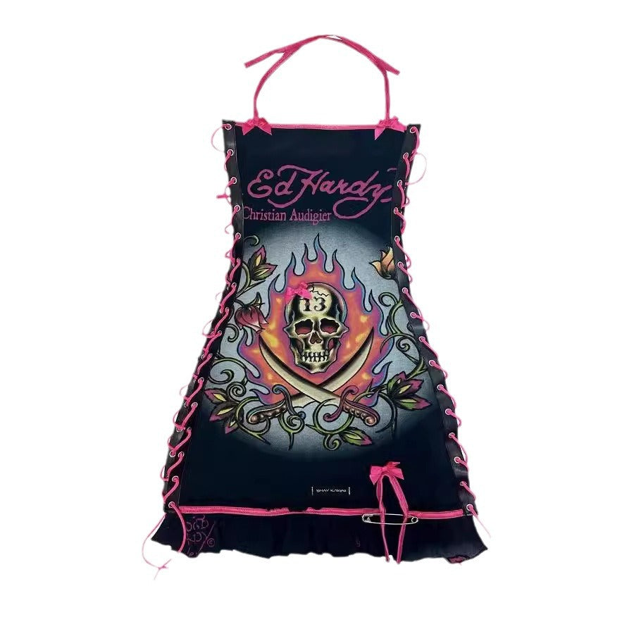 fashion cross-border retro halloween skull positioning printed oil painting drawstring tube top suspender dress