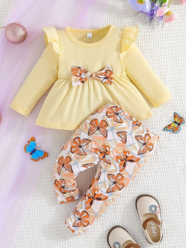 spring/autumn baby girl long-sleeve top & pants two-piece set - casual infant printed pants outfit