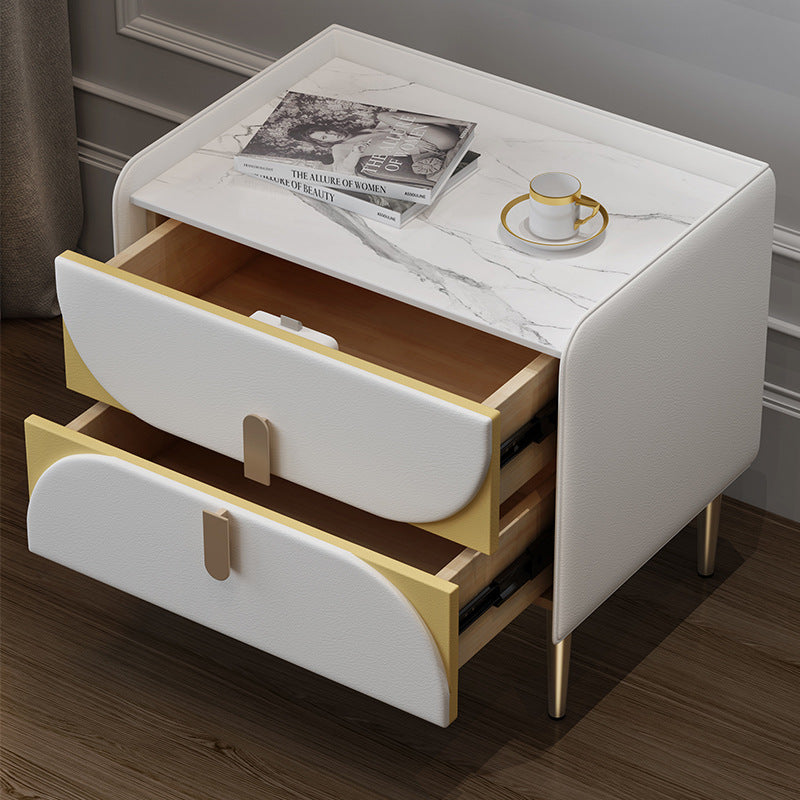 Nordic light luxury sintered stone nightstand, minimalist modern leather bedroom bedside table, solid wood upholstered, ultra-minimalist light luxury style