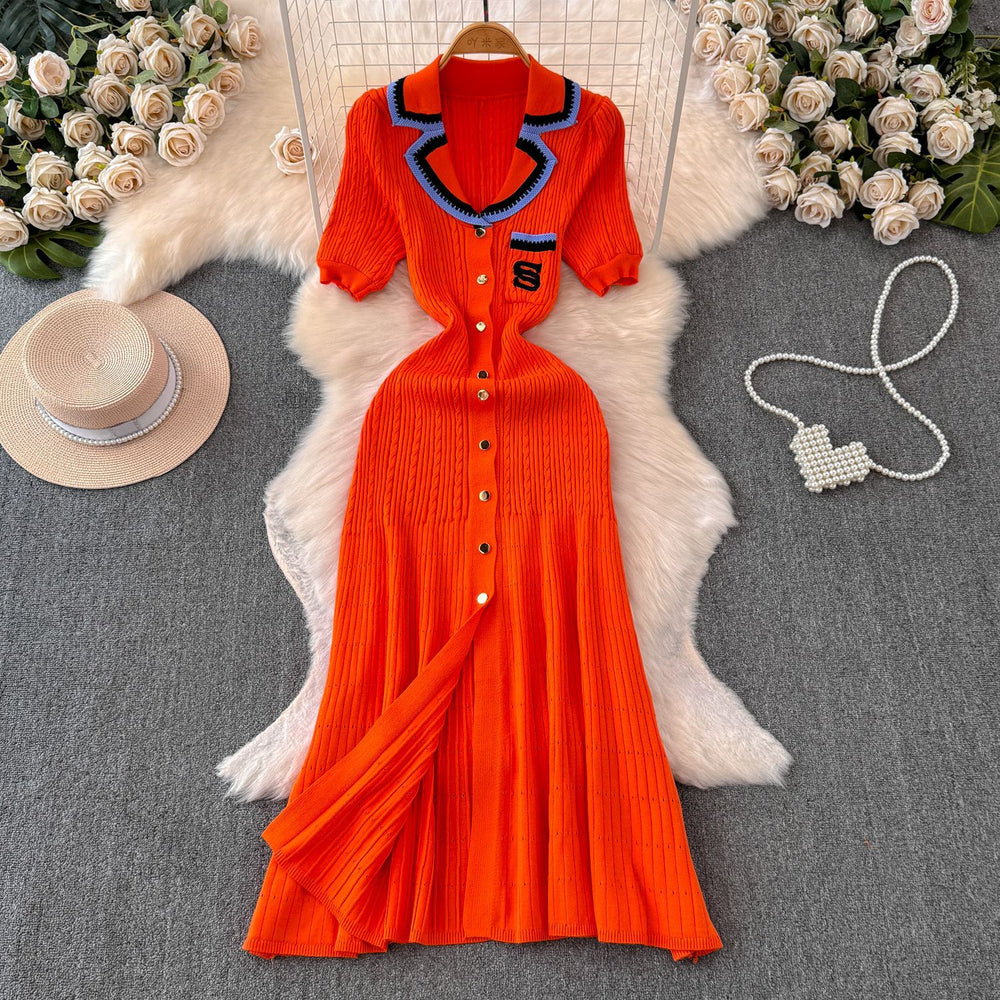 Fall and winter tweed style socialite short-sleeved contrast colorembroider suit collar waist slimming look single-breasted a-line knittingdress