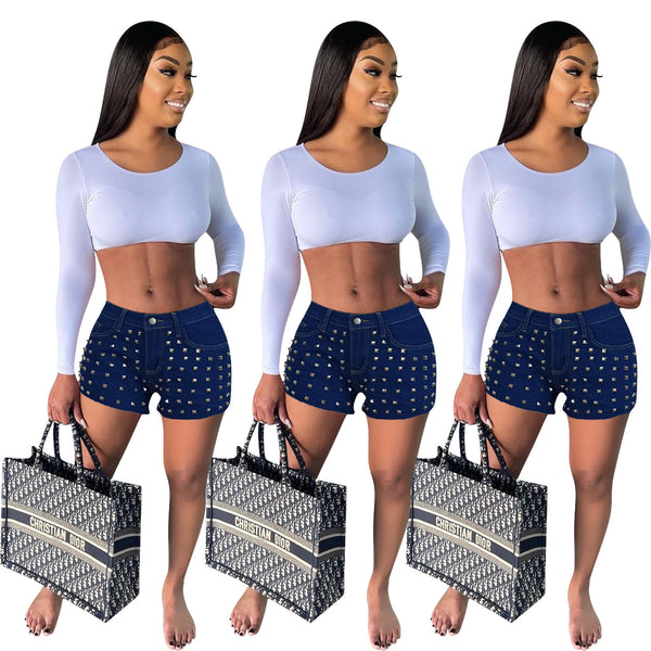 YD1045E1 special products are non-refundable and non-exchangeable, European and American women's clothing, fashionable nail-polished burrs, denim hot pants.