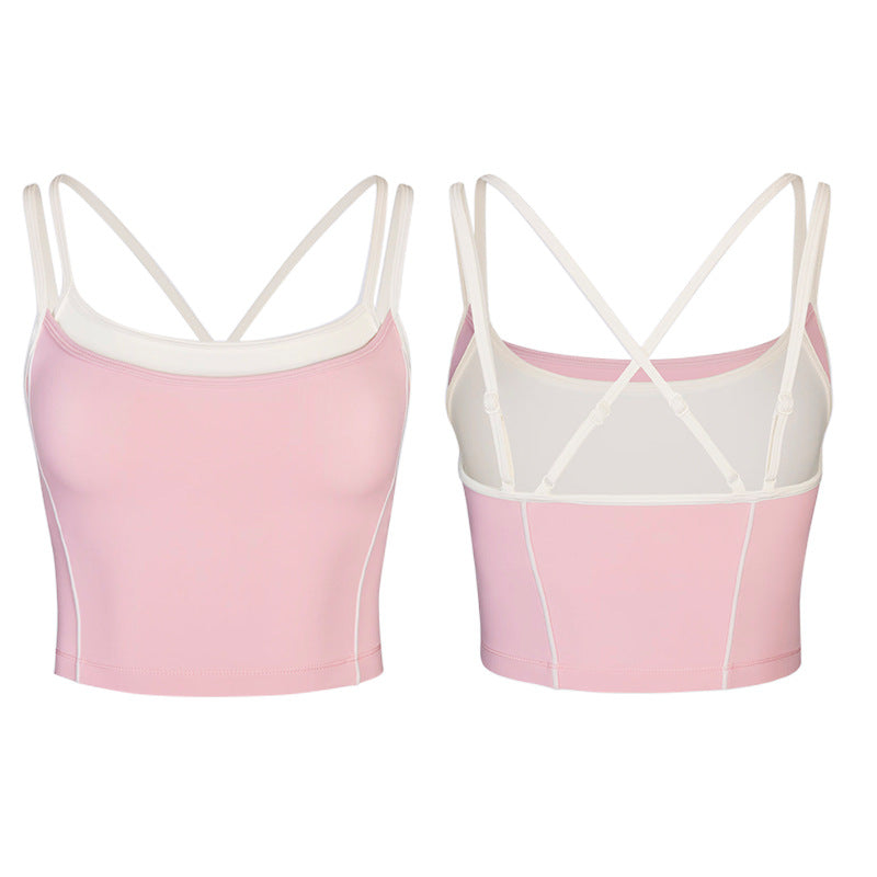 Fitness tops sling sexy spaghetti strap contrast colorfake two-piece halter sports intimates bra vest yoga clothes for women