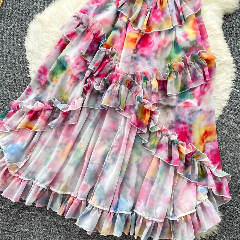 Vacation-inspired tie-dye print cami dress - sexy, high-low, ruffled hem, dopamine dress