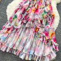 Vacation-inspired tie-dye print cami dress - sexy, high-low, ruffled hem, dopamine dress
