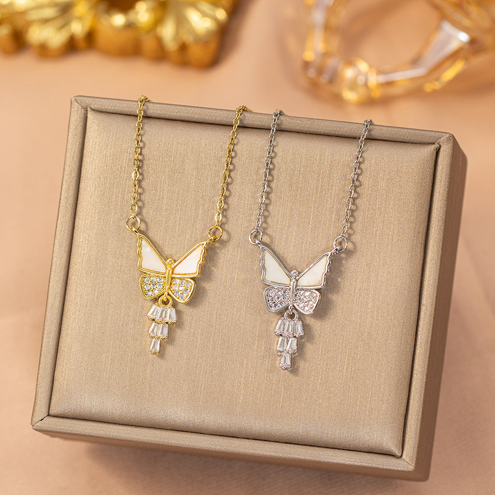 【titanium steel】fashionable and versatile full diamond copper inlaid zircon butterfly necklace - women's high-end, unique, and exquisite clavicle chain jewelry