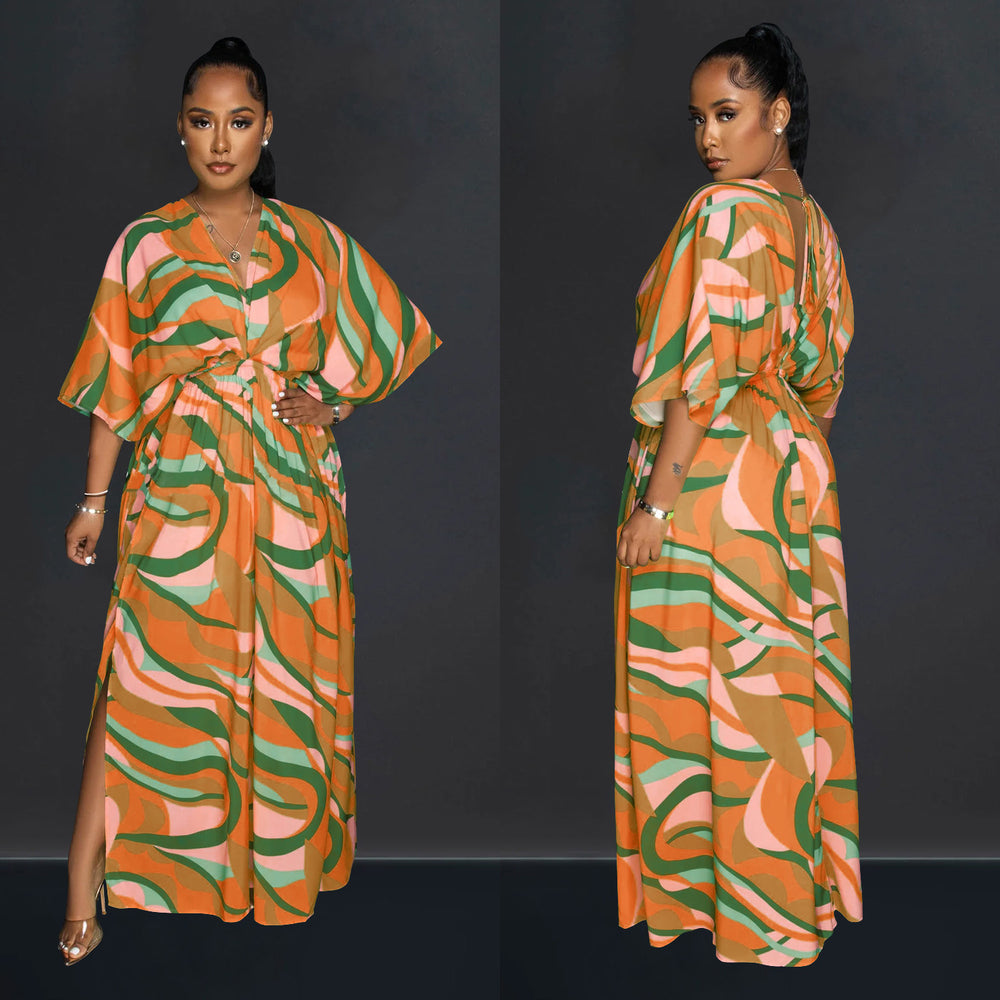 X6615 cross-border   fashion women's v-neck vintage print slit maxi dress