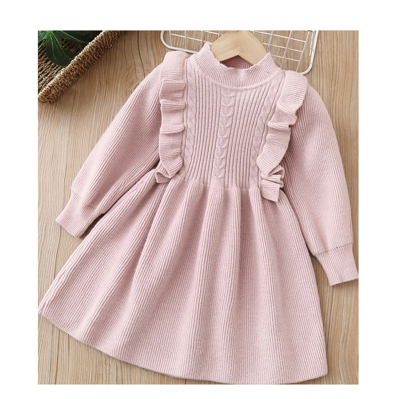 22winternew arrivalgirlsweater skirtsweet styledress female baby can add fleece-linedknittingdress