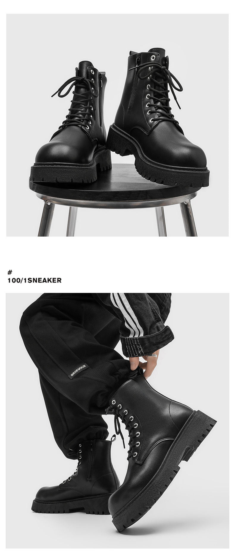 Side zipper boots men's high-top british style leather black workwear motorcycle boots spring height-increasing high-top short boots