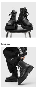 Side zipper boots men's high-top british style leather black workwear motorcycle boots spring height-increasing high-top short boots