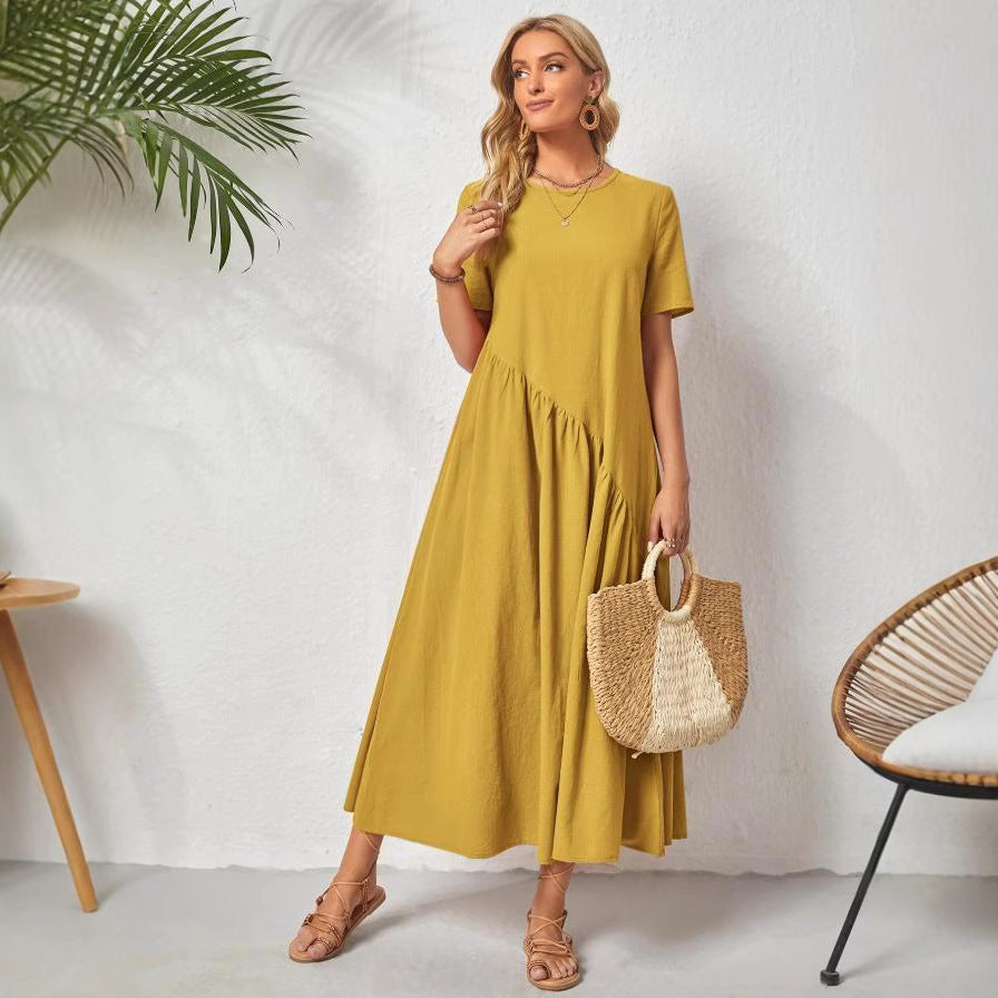Amazon   new arrivals: european and american style solid color crew neck short sleeve loose pleated dress - ready to ship