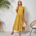 Amazon   new arrivals: european and american style solid color crew neck short sleeve loose pleated dress - ready to ship