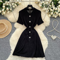 French retro polo collar short sleeve metallic button waist slimming knitted dress - women's summer chic & age-defying mini dress