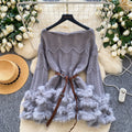Pure desire hot girl heavy industry fur patchwork cut outlong sleevesknittingtops women's fashion straps waist classysensesweater