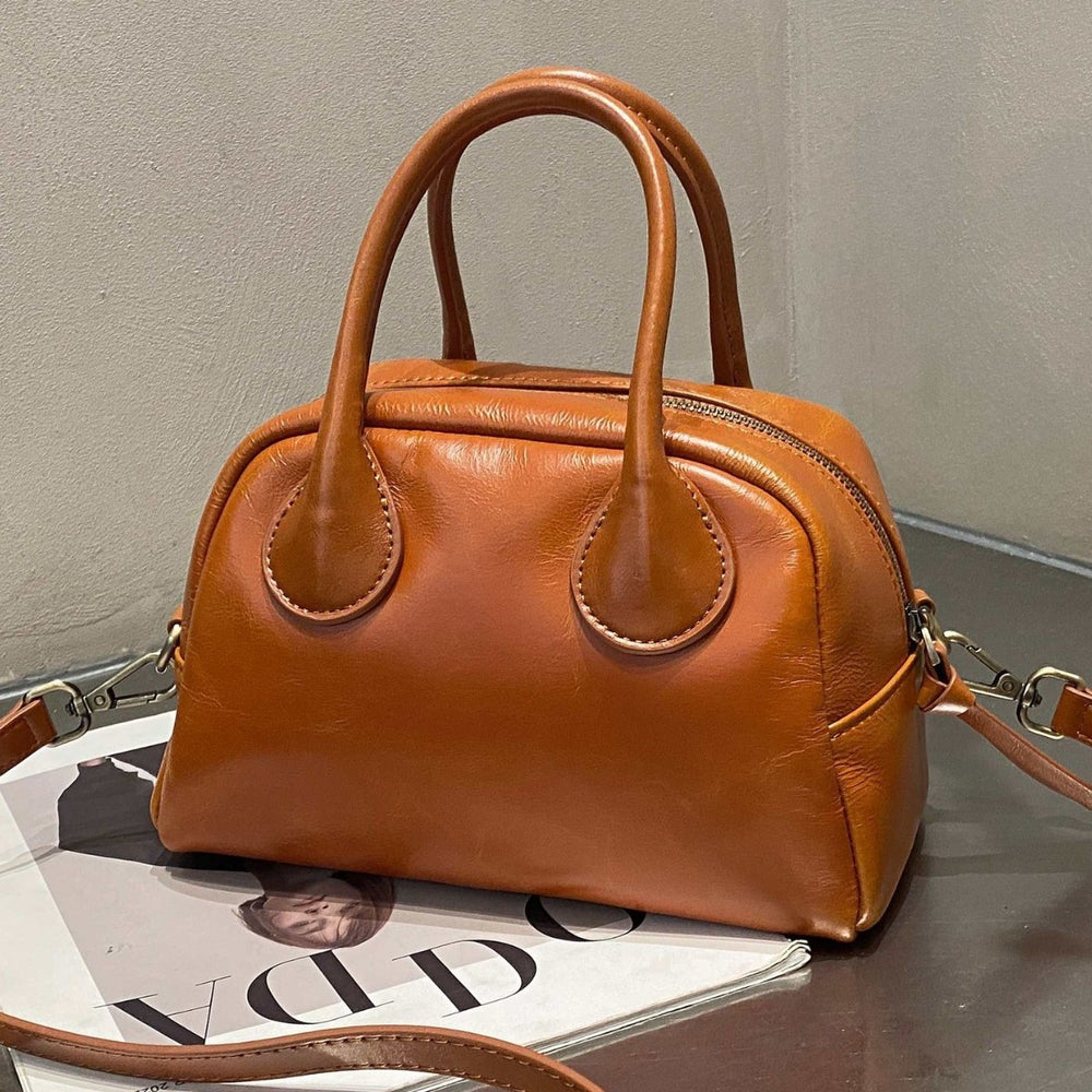 Korean ins genuine leather 2025new arrivalniche style boston bag women's casualeasiest for matchsatchel bag crossbody small square bag