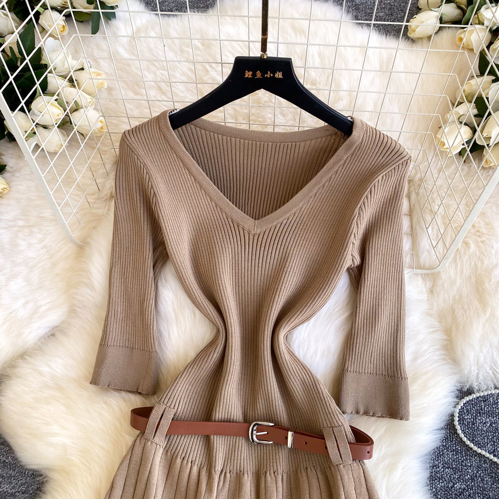 Vintage-inspired commute style v-neck knit dress - women's summer short sleeve pleated a-line dress with belt, designed to flatter and slim the waist