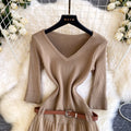 Vintage-inspired commute style v-neck knit dress - women's summer short sleeve pleated a-line dress with belt, designed to flatter and slim the waist