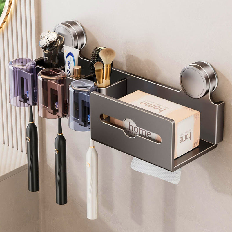 Suction cup toothbrush tissue box holder - no drilling required - bathroom rinse cup organizer - wall mounted toothbrush rack - wet wipe storage