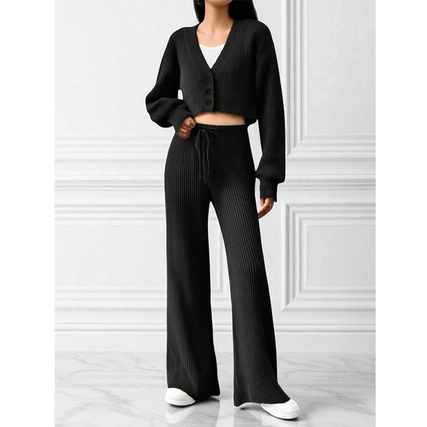 New  women's clothing 2025 autumn and winter knitted cardigan high-waisted wide-leg pants two-piece set temperament casual suit